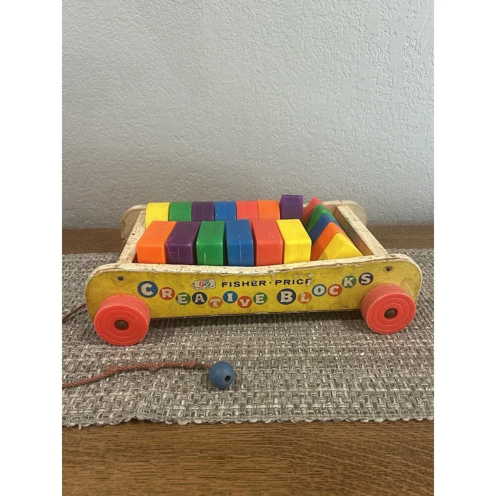 Vintage Fisher Price Creative Play Wagon Plastic Building PCs Wood PCs 1960’s